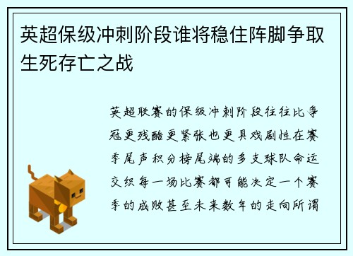 英超保级冲刺阶段谁将稳住阵脚争取生死存亡之战